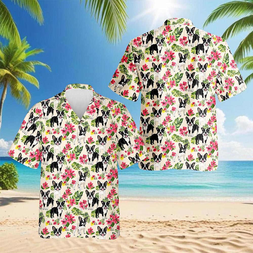 Netecom Boston Terrier Hawaiian Shirt for Men, Vintage Style, Button Down Summer Beach Short Sleeve, S-5XL