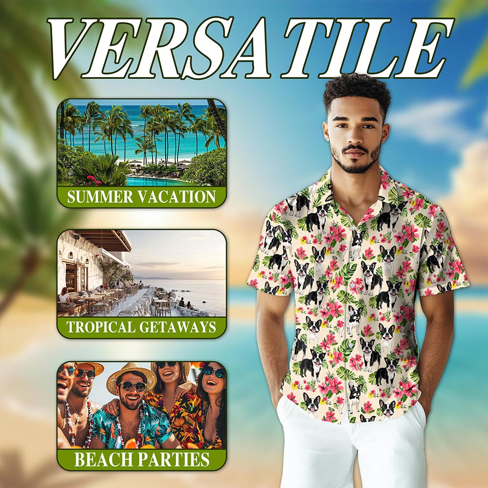 Netecom Boston Terrier Hawaiian Shirt for Men, Vintage Style, Button Down Summer Beach Short Sleeve, S-5XL