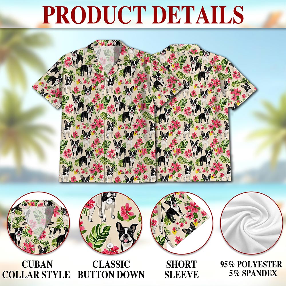 Netecom Boston Terrier Hawaiian Shirt for Men, Vintage Style, Button Down Summer Beach Short Sleeve, S-5XL