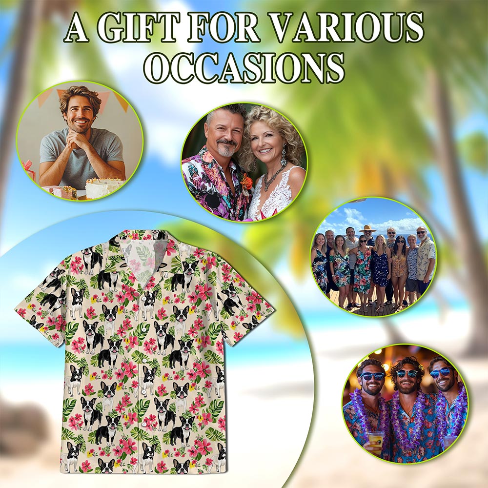 Netecom Boston Terrier Hawaiian Shirt for Men, Vintage Style, Button Down Summer Beach Short Sleeve, S-5XL