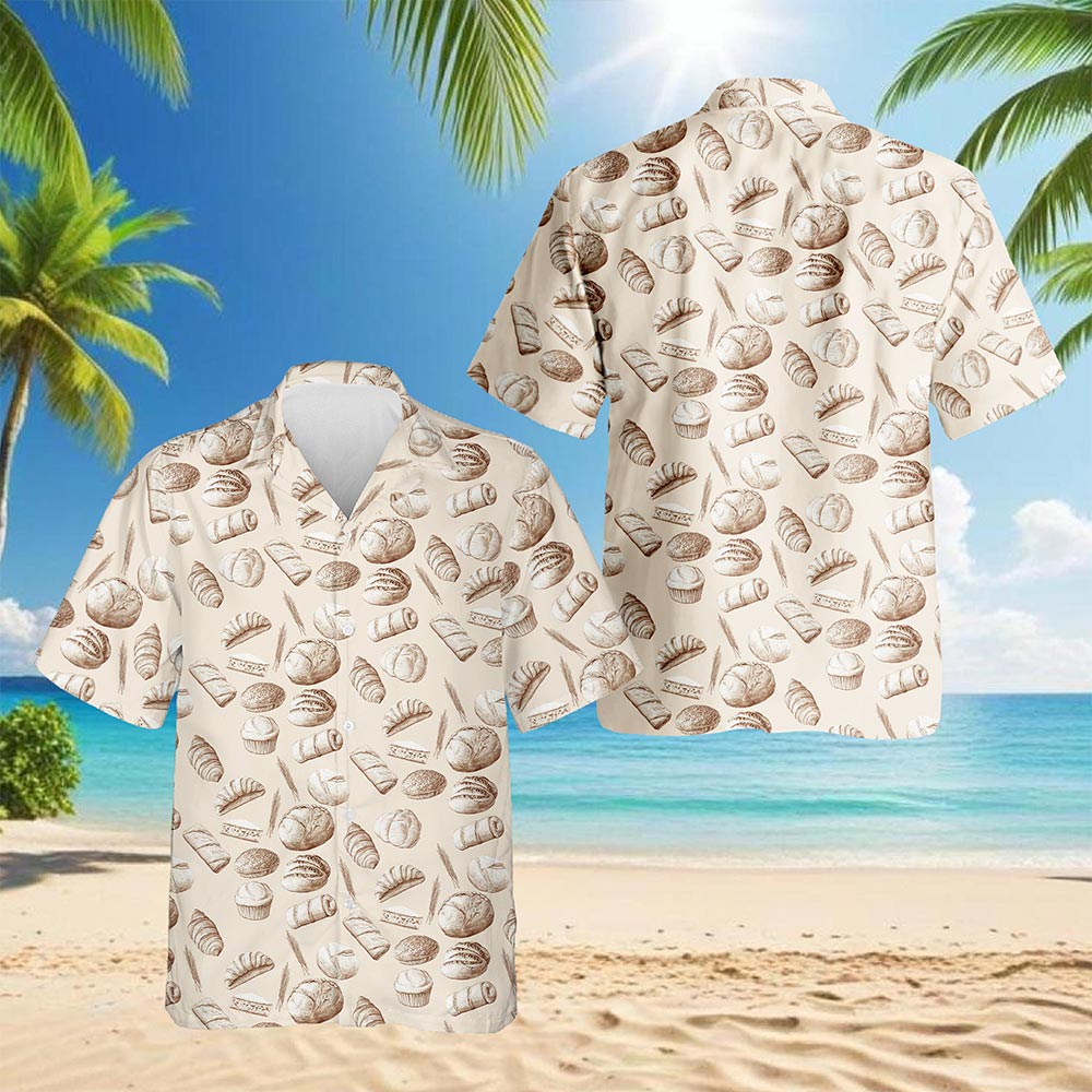 Netecom Bread Pattern Hawaiian Shirt for Men, Vintage Style, Button Down Summer Beach Short Sleeve, S-5XL