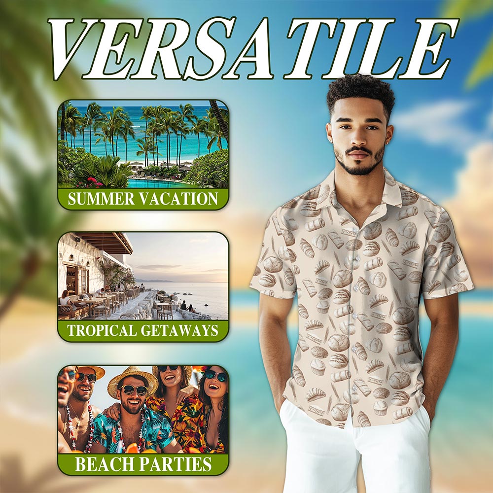 Netecom Bread Pattern Hawaiian Shirt for Men, Vintage Style, Button Down Summer Beach Short Sleeve, S-5XL