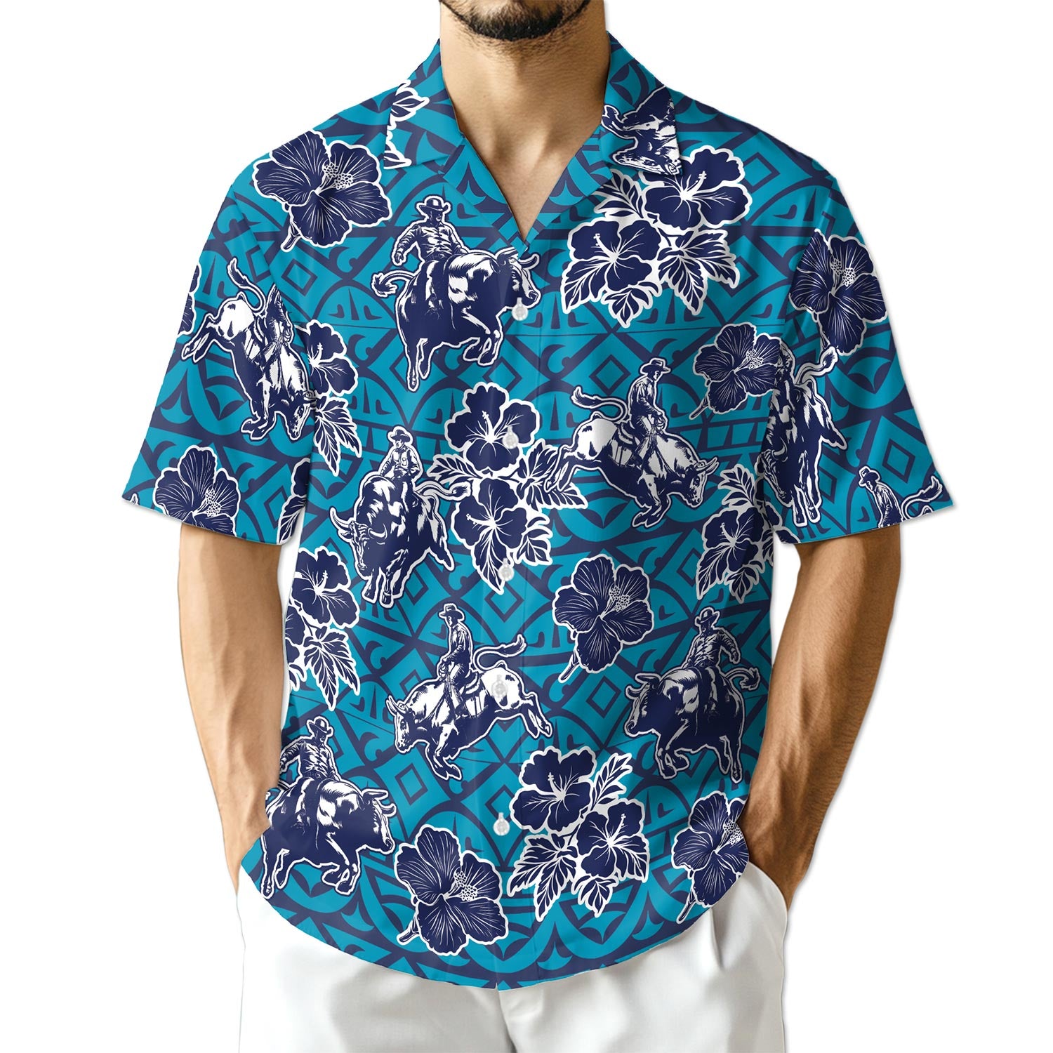 Netecom Bull Riding Blue Ancient Hawaiian Shirt for Men