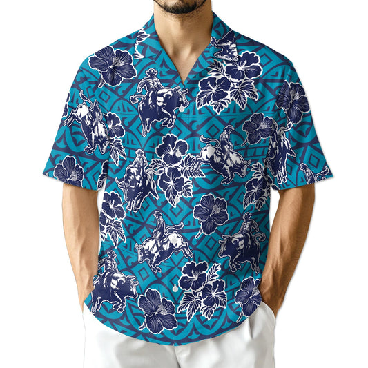 Netecom Bull Riding Blue Ancient Hawaiian Shirt for Men