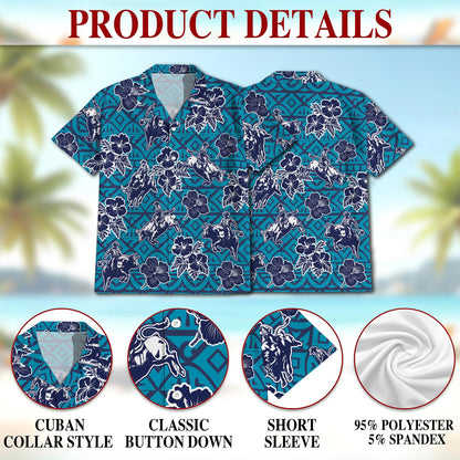 Netecom Bull Riding Blue Ancient Hawaiian Shirt for Men, Button Down Summer Beach Short Sleeve, Tropical Style, Sizes S-5XL