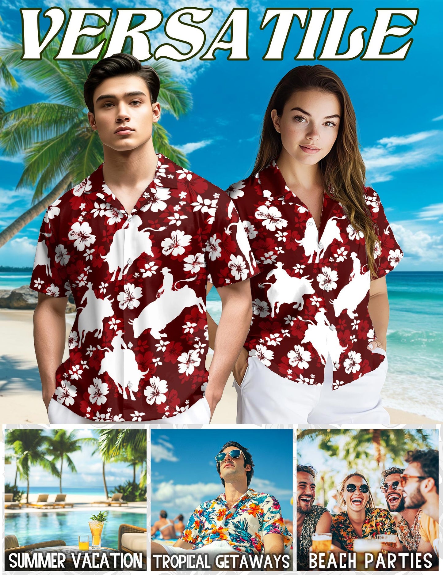 Netecom Bull Riding Hawaiian Shirt for Men, Tropical Style, Button Down Summer Beach Short Sleeve, S-5XL