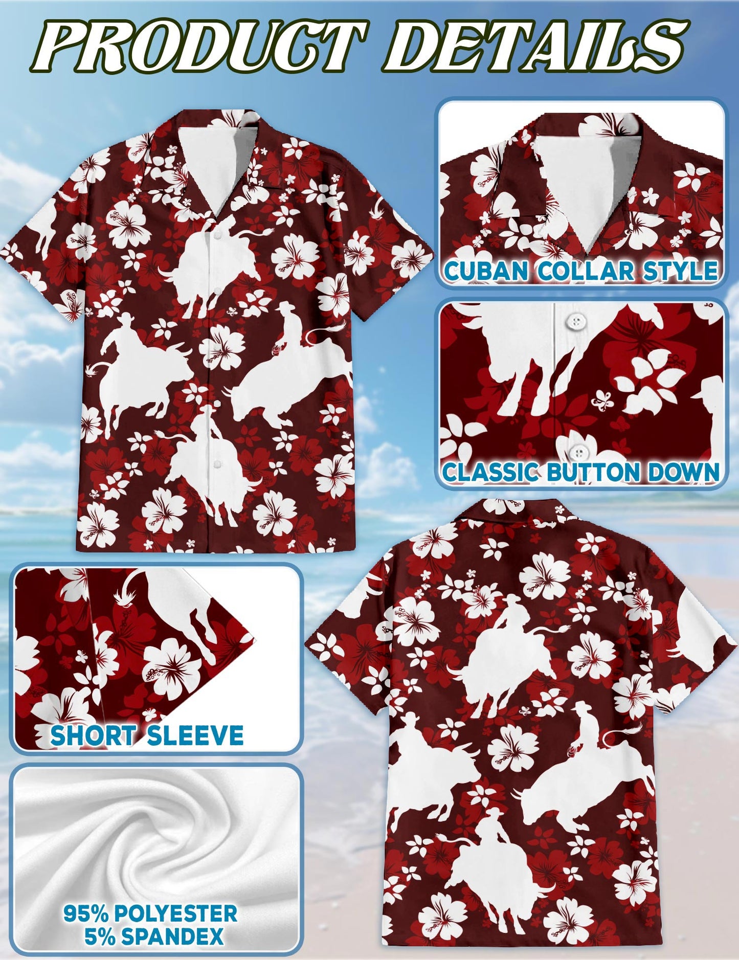 Netecom Bull Riding Hawaiian Shirt for Men, Tropical Style, Button Down Summer Beach Short Sleeve, S-5XL