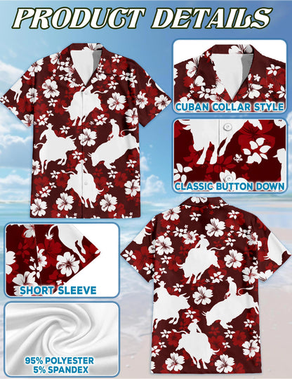 Netecom Bull Riding Hawaiian Shirt for Men, Tropical Style, Button Down Summer Beach Short Sleeve, S-5XL