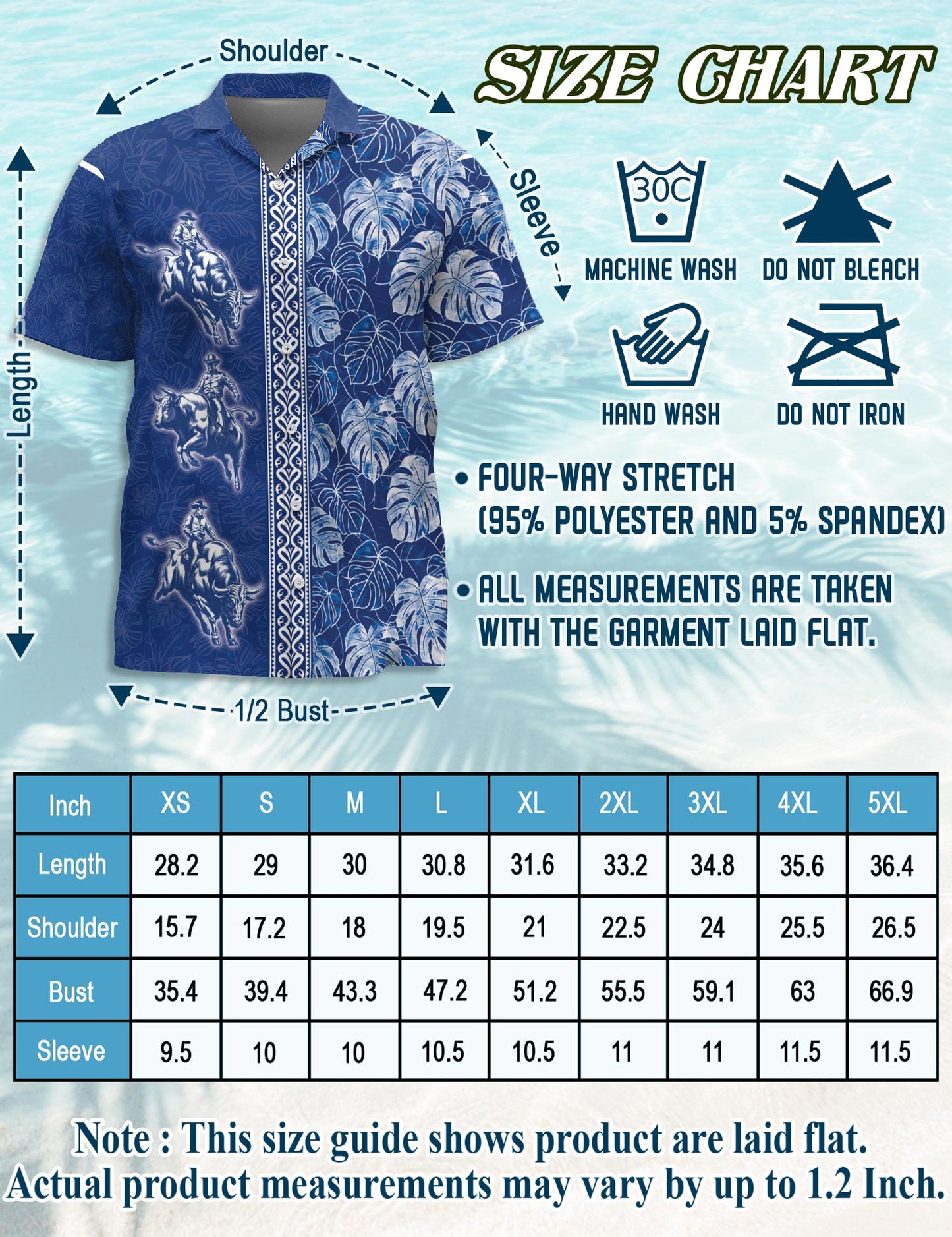 Netecom Bull Riding White Leaves Hawaiian Shirt for Men, Button Down Summer Beach Short Sleeve, Tropical Style, Sizes S-5XL