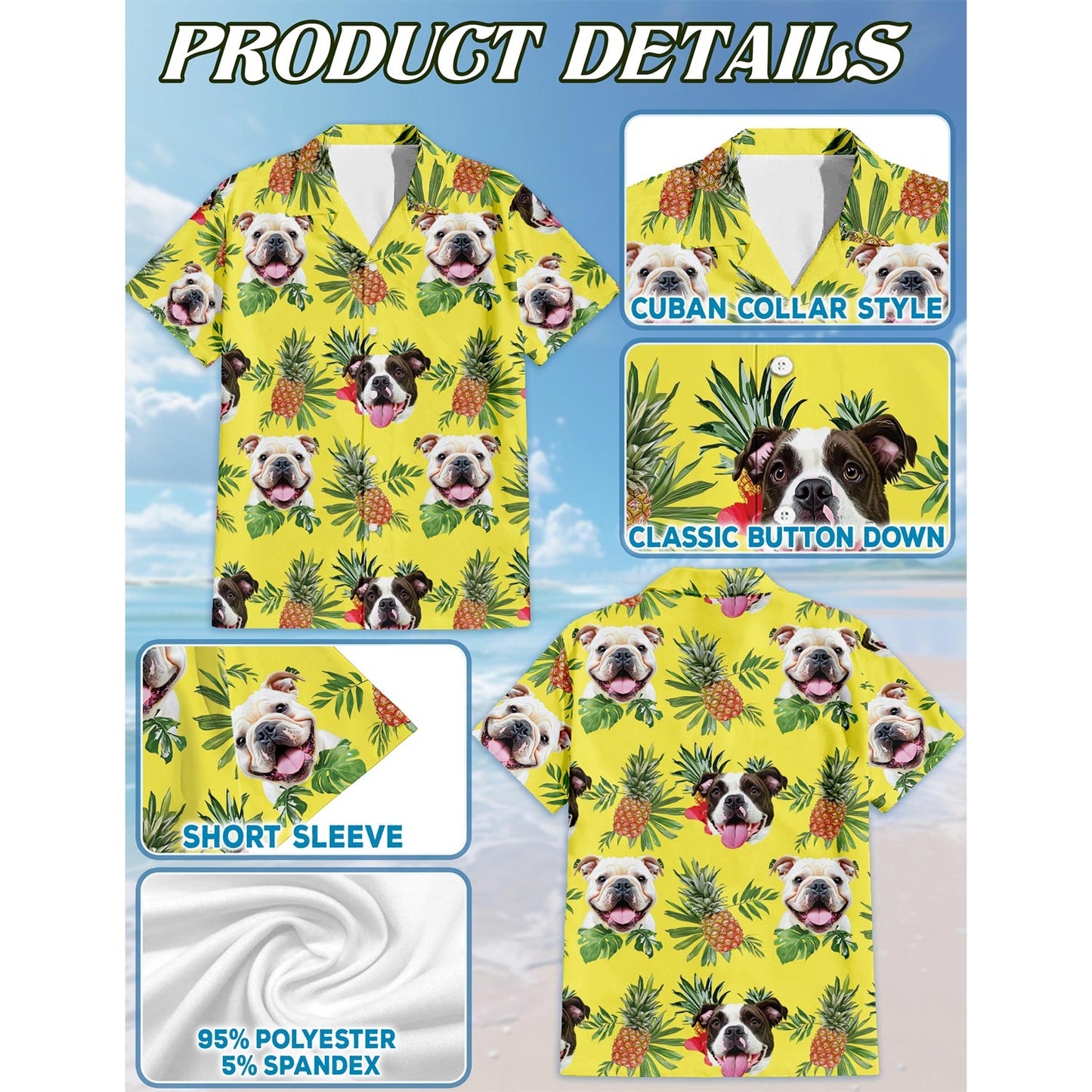 Netecom Bulldog Hawaiian Shirt for Men, Button Down Summer Beach Short Sleeve, Tropical Style, Sizes S-5XL