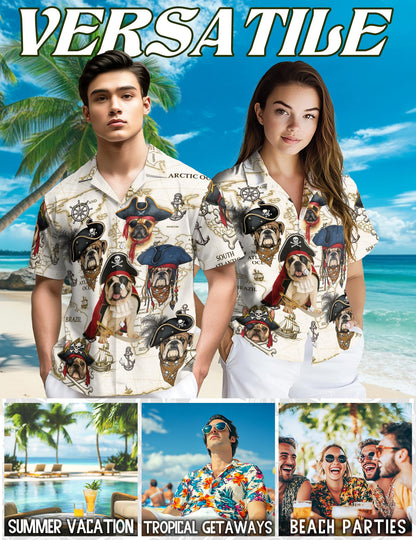 Netecom Bulldog Pirate Hawaiian Shirt for Men, Dog Lover Gift, Retro Button Down Summer Beach Short Sleeve Shirts, S-5X