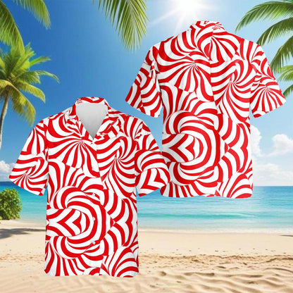 Netecom Candy Cane Pattern Hawaiian Shirt for Men, Vintage Style, Button Down Summer Beach Short Sleeve, S-5XL