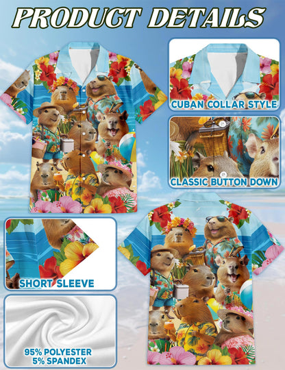 Netecom Capybara Hawaiian Shirt for Men, Button Down Summer Beach Short Sleeve, Tropical Style, Sizes S-5XL