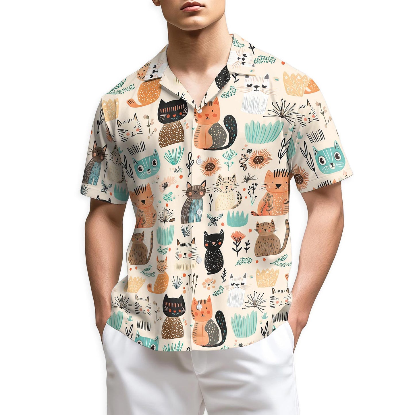 Netecom Cat Abstract Trees and Flowers Hawaiian Shirt for Men