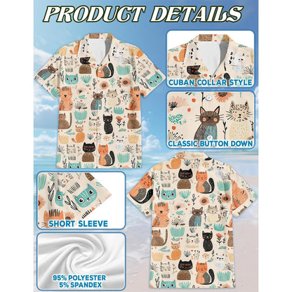 Netecom Cat Abstract Trees and Flowers Hawaiian Shirt for Men, Button Down Summer Beach Short Sleeve, Sizes S-5XL