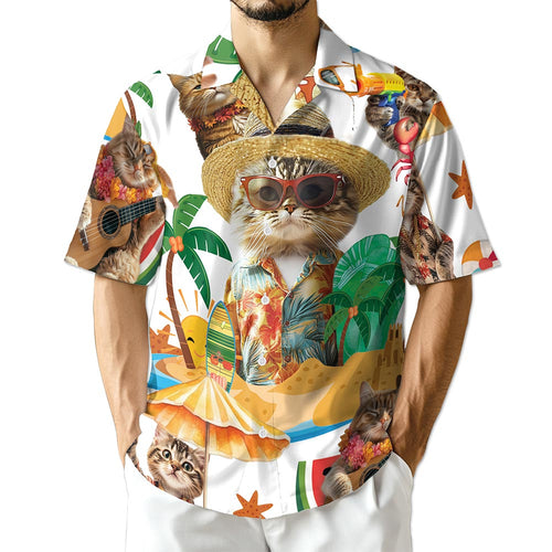 Netecom Cat Holiday Hawaiian Shirt for Men, Button Down Summer Beach Short Sleeve, S-5XL