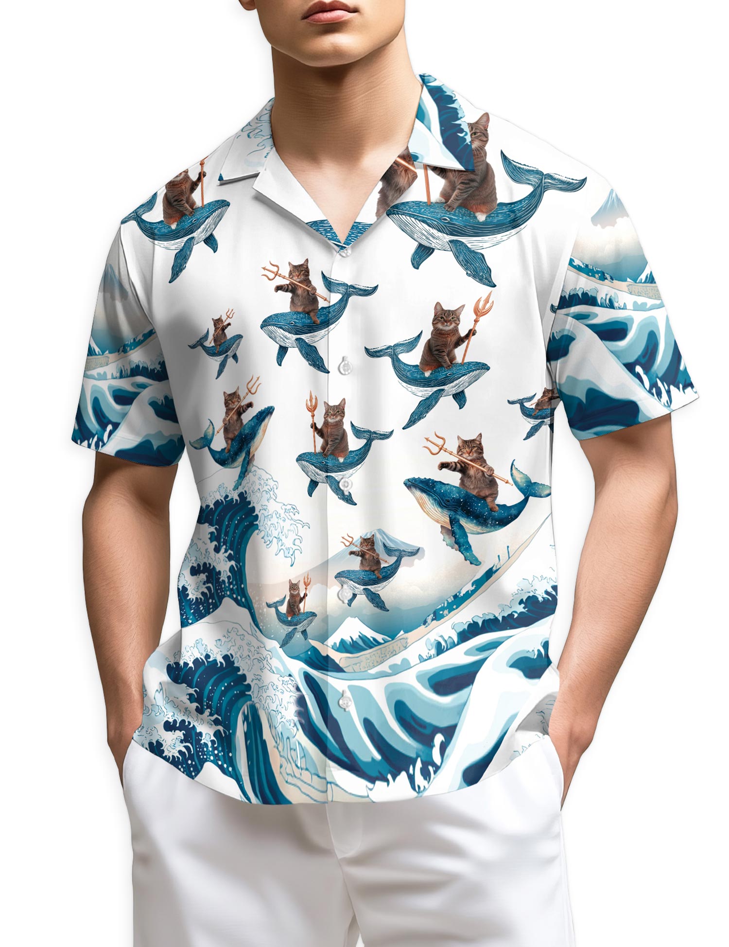 Netecom Cat Riding Whale Hawaiian Shirt for Men