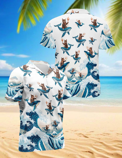 Netecom Cat Riding Whale Hawaiian Shirt for Men, Vintage Style, Button Down Summer Beach Short Sleeve, S-5XL