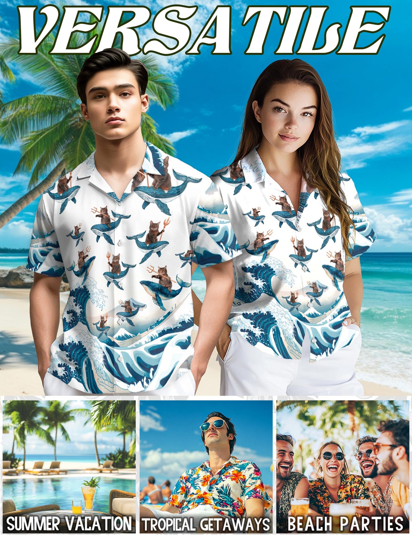 Netecom Cat Riding Whale Hawaiian Shirt for Men, Vintage Style, Button Down Summer Beach Short Sleeve, S-5XL