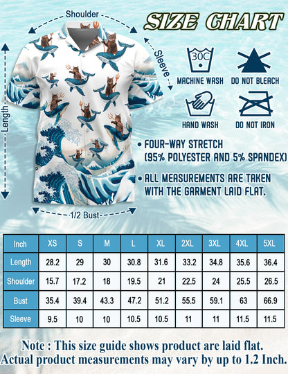 Netecom Cat Riding Whale Hawaiian Shirt for Men, Vintage Style, Button Down Summer Beach Short Sleeve, S-5XL