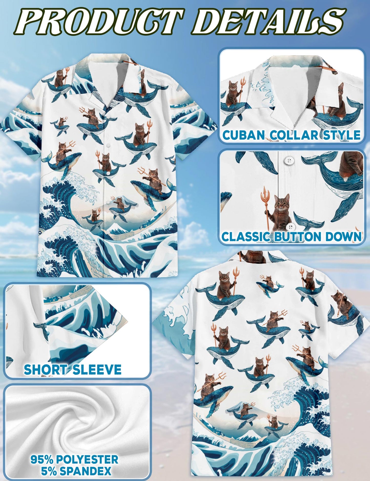 Netecom Cat Riding Whale Hawaiian Shirt for Men, Vintage Style, Button Down Summer Beach Short Sleeve, S-5XL
