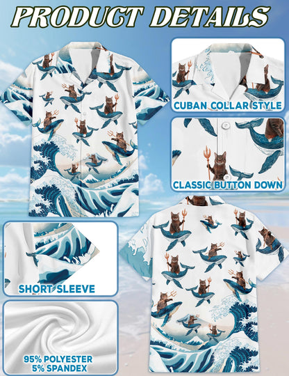 Netecom Cat Riding Whale Hawaiian Shirt for Men, Vintage Style, Button Down Summer Beach Short Sleeve, S-5XL