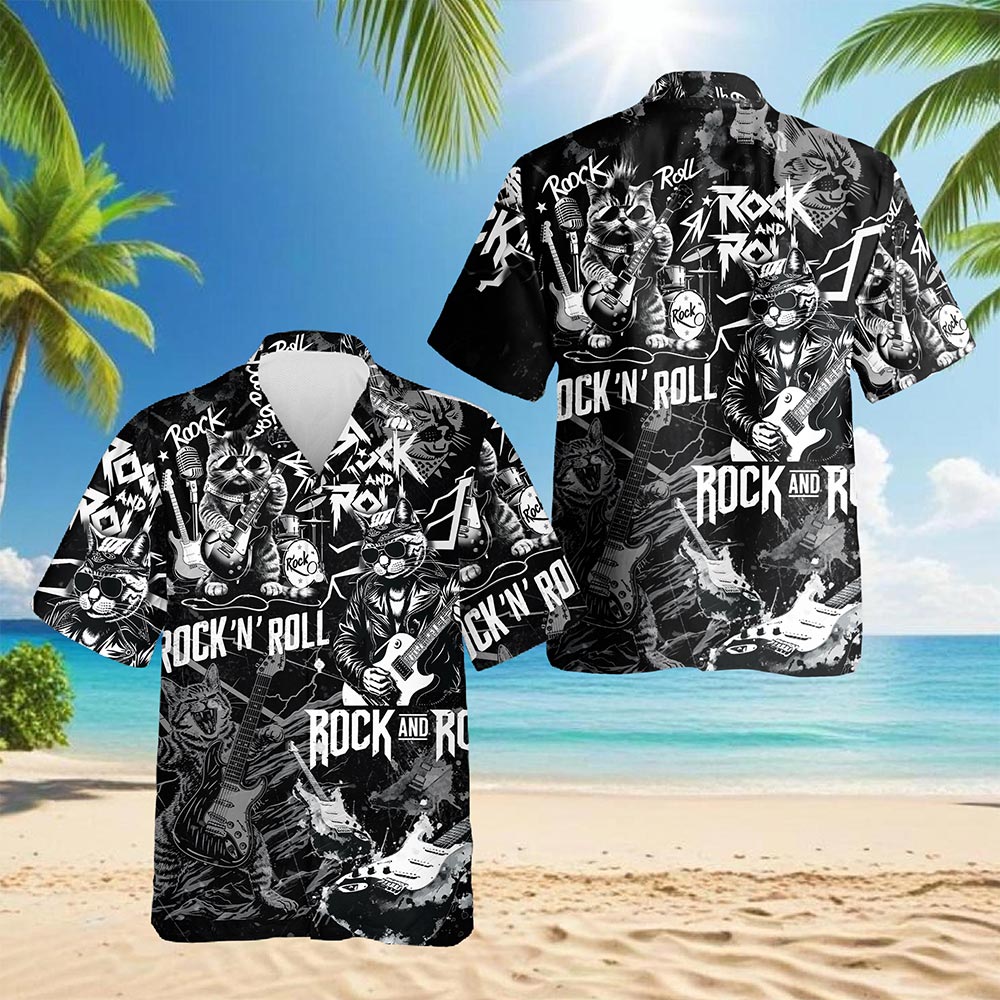 Netecom Cat Rock And Roll Hawaiian Shirt for Men, Cat Lover Gifts, Funny Animal Button Down Summer Aloha Beach Shirts, S-5XL
