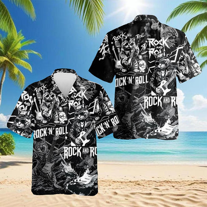 Netecom Cat Rock And Roll Hawaiian Shirt for Men, Cat Lover Gifts, Funny Animal Button Down Summer Aloha Beach Shirts, S-5XL