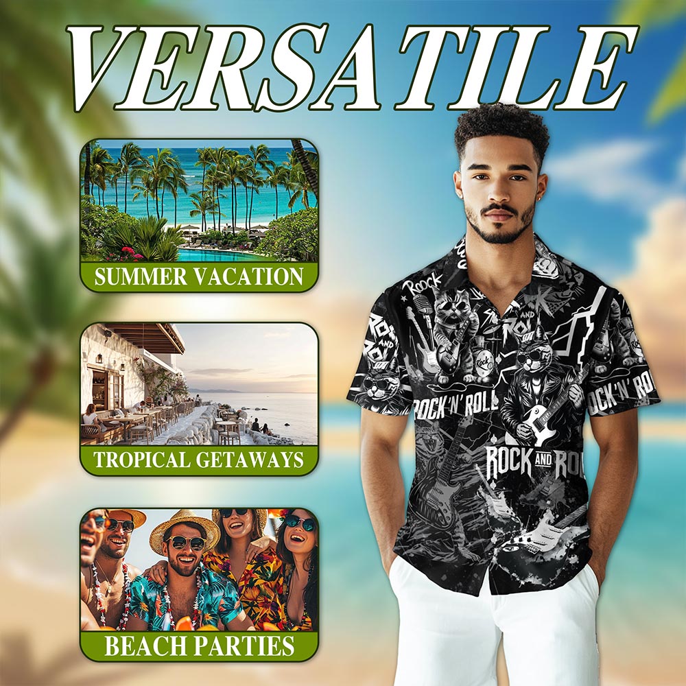 Netecom Cat Rock And Roll Hawaiian Shirt for Men, Cat Lover Gifts, Funny Animal Button Down Summer Aloha Beach Shirts, S-5XL