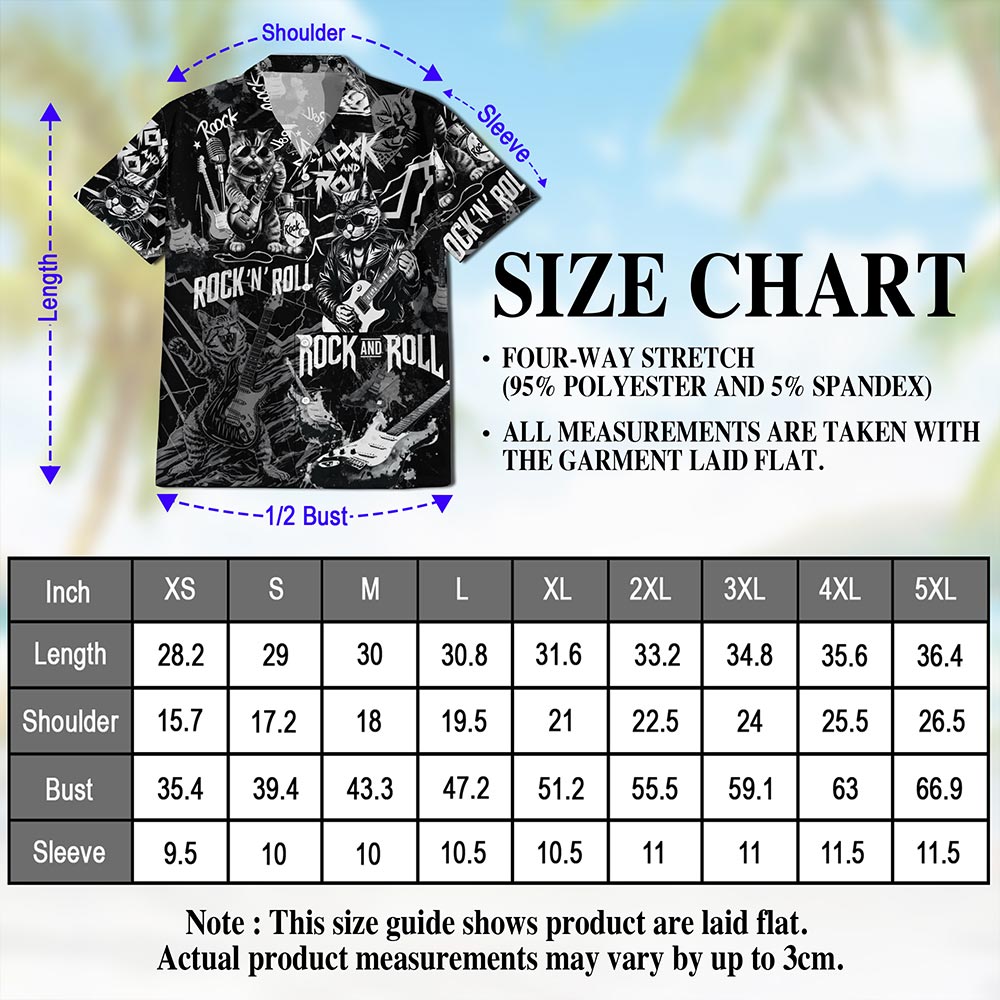 Netecom Cat Rock And Roll Hawaiian Shirt for Men, Cat Lover Gifts, Funny Animal Button Down Summer Aloha Beach Shirts, S-5XL