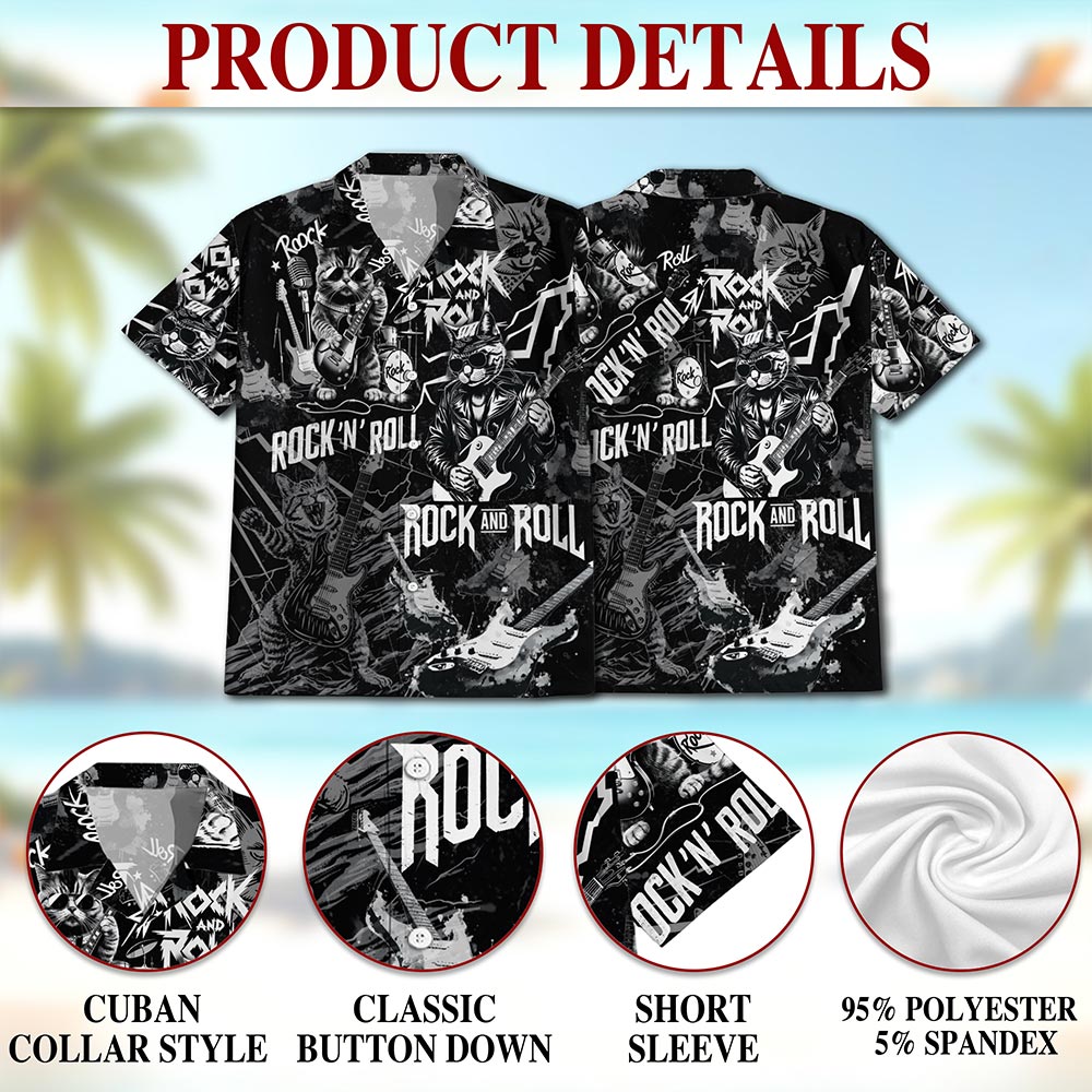 Netecom Cat Rock And Roll Hawaiian Shirt for Men, Cat Lover Gifts, Funny Animal Button Down Summer Aloha Beach Shirts, S-5XL