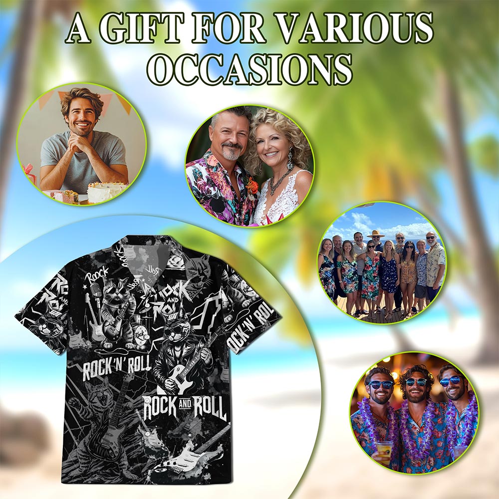 Netecom Cat Rock And Roll Hawaiian Shirt for Men, Cat Lover Gifts, Funny Animal Button Down Summer Aloha Beach Shirts, S-5XL
