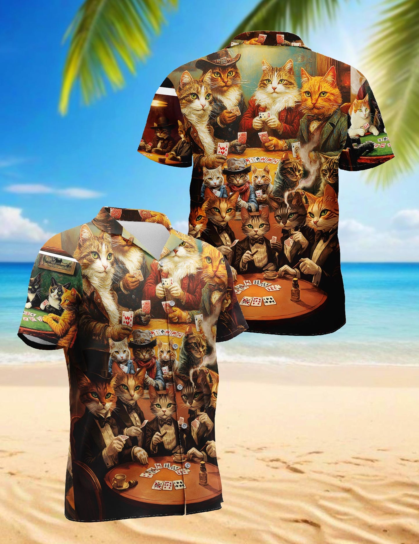 Netecom Cats Playing Poker Hawaiian Shirt for Men, Vintage Art Style, Button Down Summer Beach Short Sleeve, S-5XL