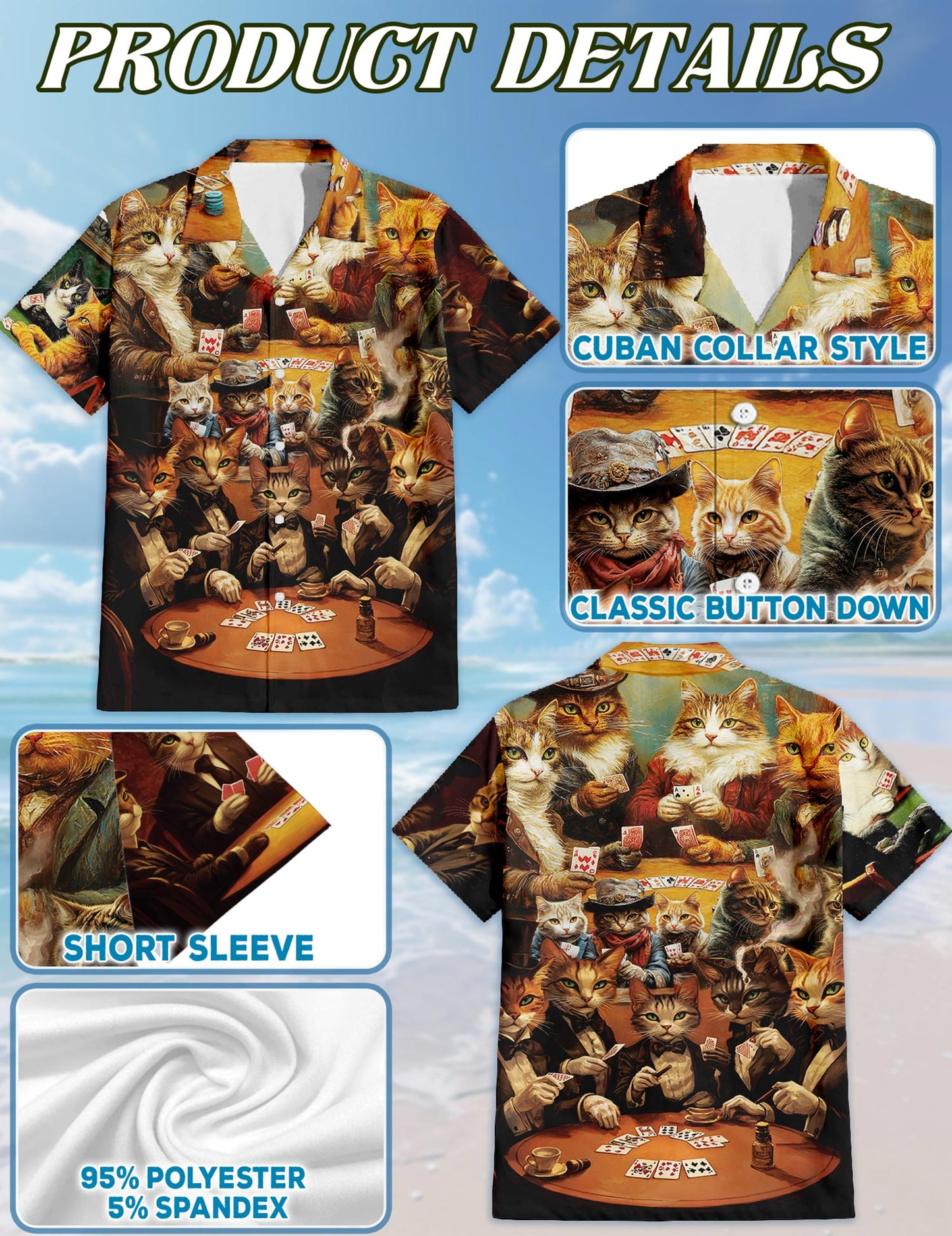 Netecom Cats Playing Poker Hawaiian Shirt for Men, Vintage Art Style, Button Down Summer Beach Short Sleeve, S-5XL