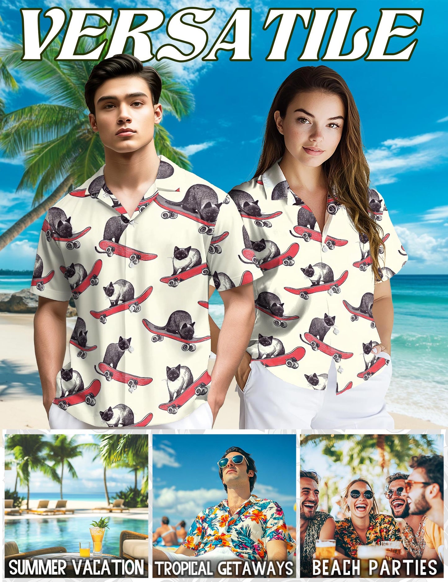 Netecom Cats Playing Skateboarding Hawaiian Shirt for Men, Vintage Style, Button Down Summer Beach Short Sleeve, S-5XL