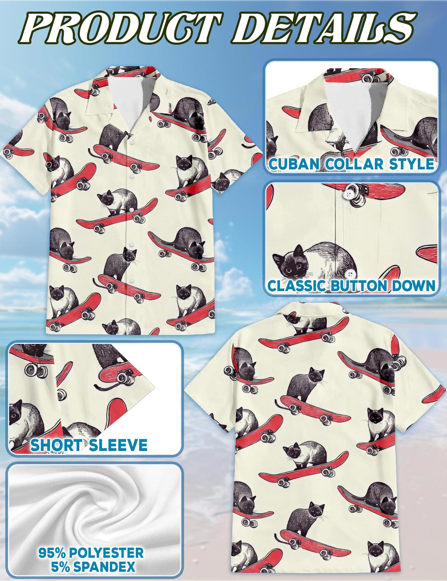 Netecom Cats Playing Skateboarding Hawaiian Shirt for Men, Vintage Style, Button Down Summer Beach Short Sleeve, S-5XL
