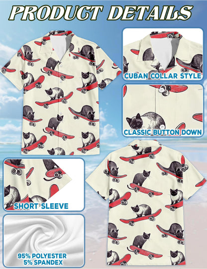 Netecom Cats Playing Skateboarding Hawaiian Shirt for Men, Vintage Style, Button Down Summer Beach Short Sleeve, S-5XL