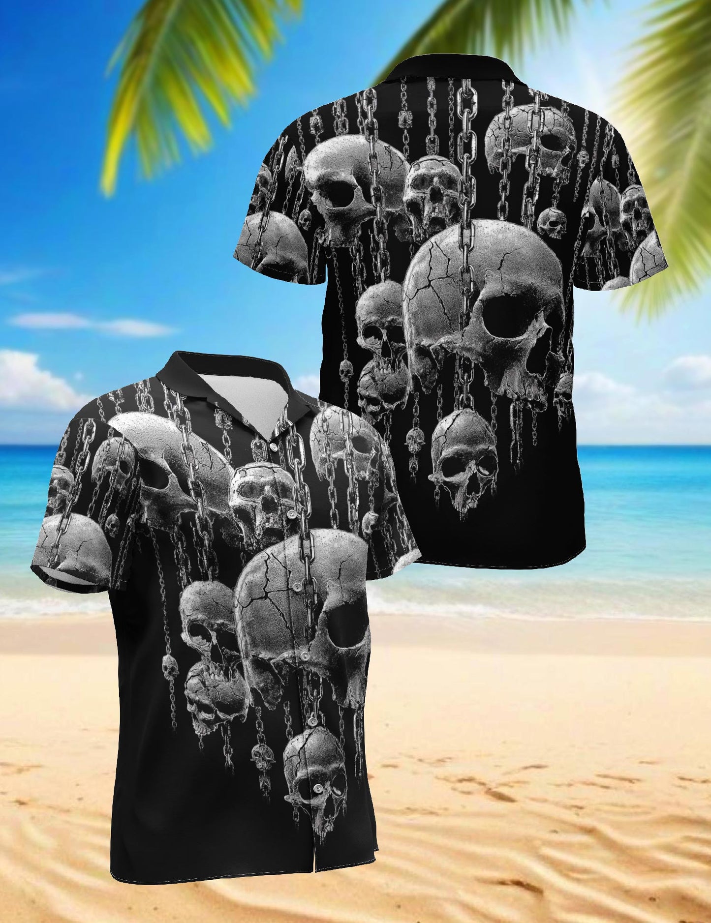 Netecom Chained Skull Hawaiian Shirt for Men, Skull Lover Gifts, Retro Button Down Summer Beach Short Sleeve Shirts, S-5XL