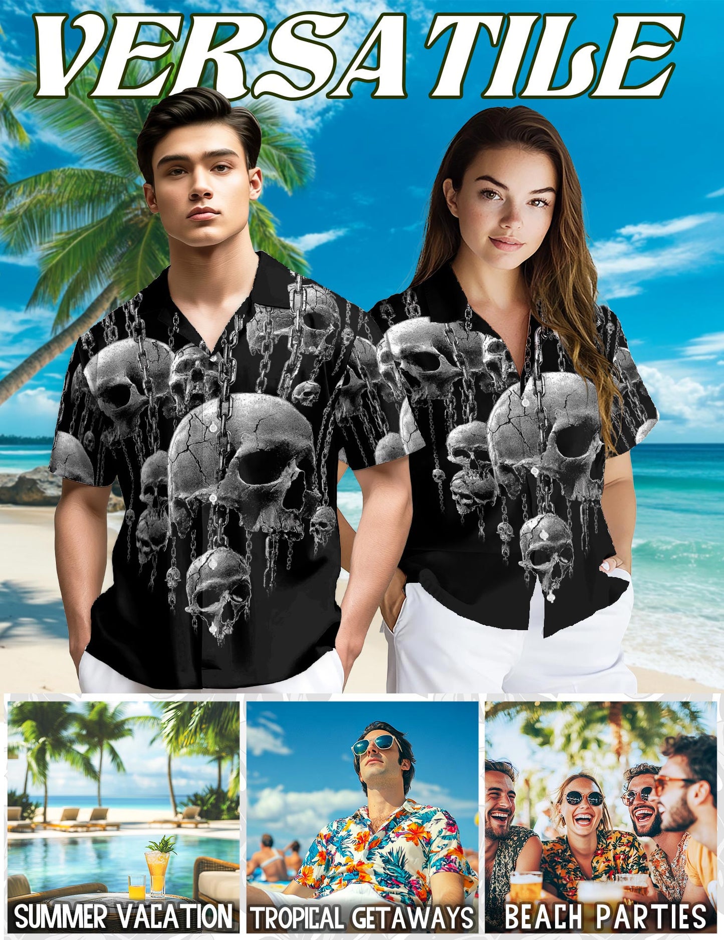 Netecom Chained Skull Hawaiian Shirt for Men, Skull Lover Gifts, Retro Button Down Summer Beach Short Sleeve Shirts, S-5XL