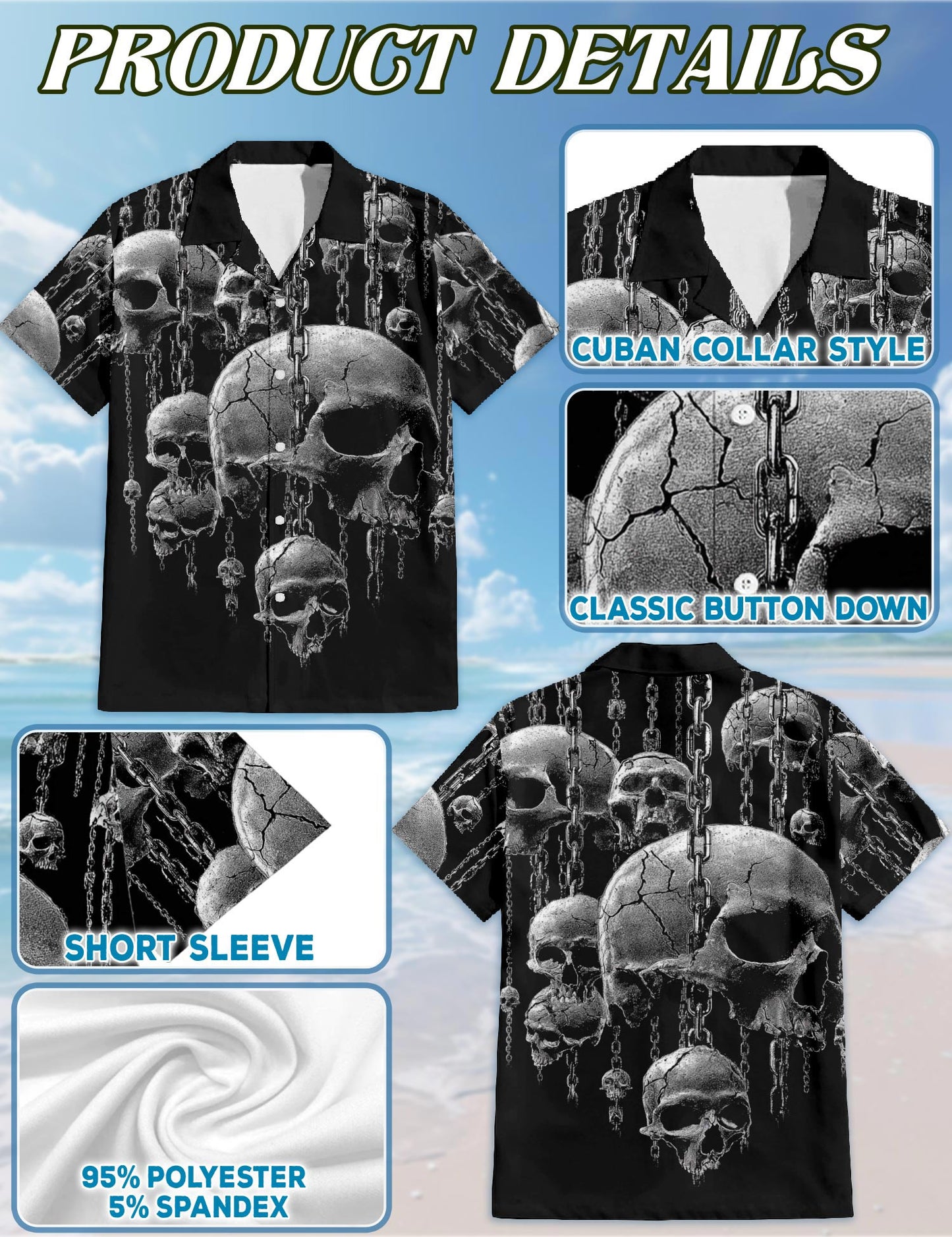 Netecom Chained Skull Hawaiian Shirt for Men, Skull Lover Gifts, Retro Button Down Summer Beach Short Sleeve Shirts, S-5XL