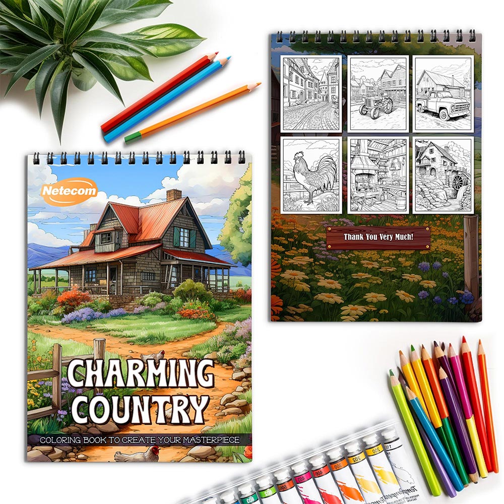 Netecom Charming Country Spiral Coloring Book for Adults