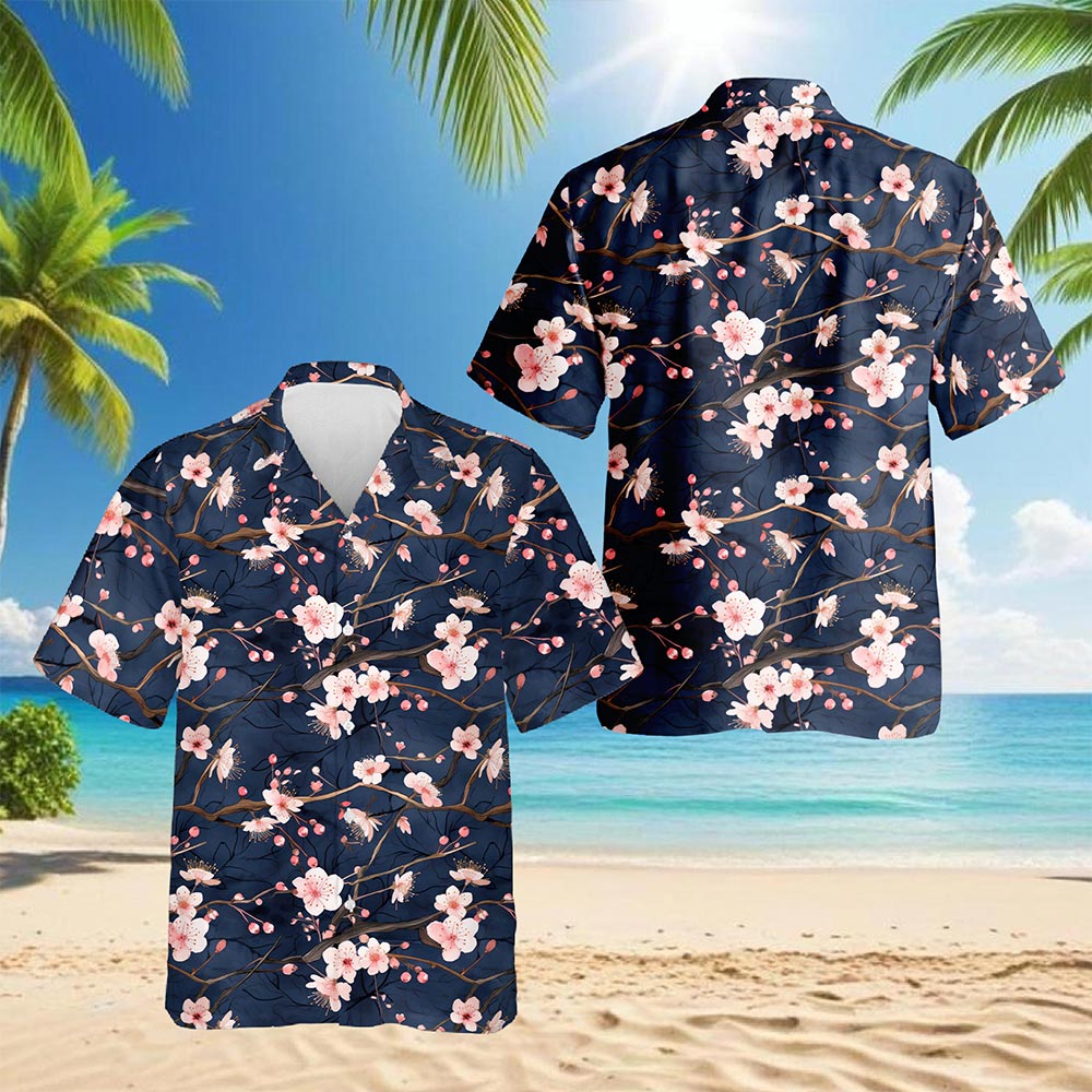 Netecom Cherry Blossom Hawaiian Shirt for Men, Floral Style, Tropical Summer Beach Button Down Short Sleeve Shirts, S-5XL