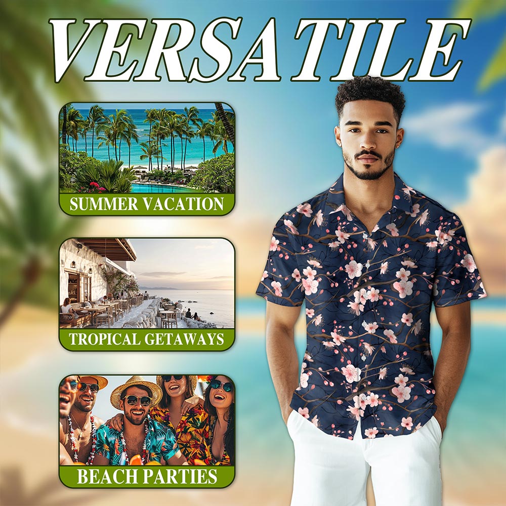 Netecom Cherry Blossom Hawaiian Shirt for Men, Floral Style, Tropical Summer Beach Button Down Short Sleeve Shirts, S-5XL