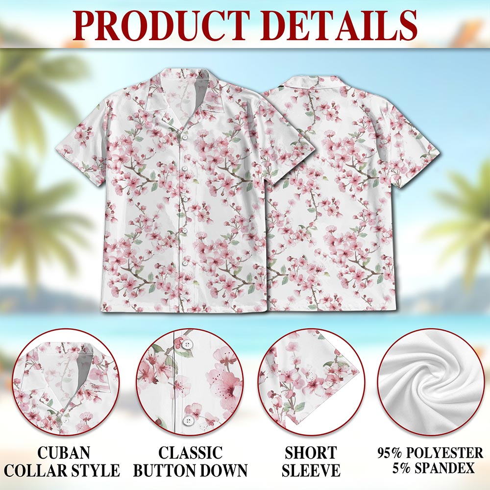 Netecom Cherry Blossom Hawaiian Shirt for Men, Floral Style, Button Down Summer Beach Short Sleeve, S-5XL
