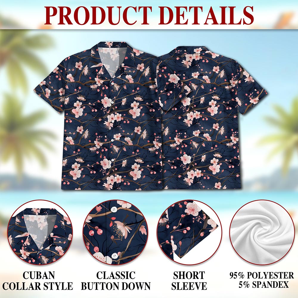 Netecom Cherry Blossom Hawaiian Shirt for Men, Floral Style, Tropical Summer Beach Button Down Short Sleeve Shirts, S-5XL