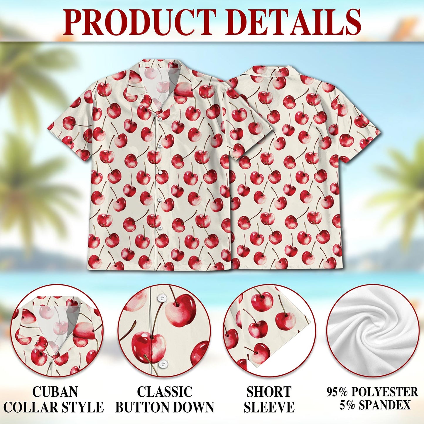 Netecom Cherry Hawaiian Shirt for Men, Button Down Summer Beach Short Sleeve, Vintage Style, S-5XL