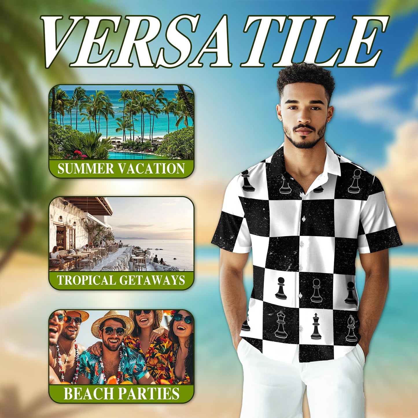 Netecom Chess Hawaiian Shirt for Men, Button Down Summer Beach Short Sleeve, Vintage Style, Sizes S-5XL