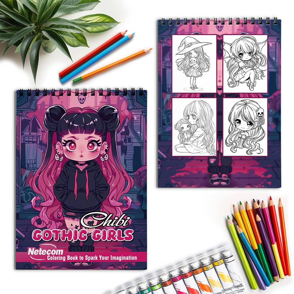 Netecom Chibi Gothic Girls Spiral Coloring Book for Adults