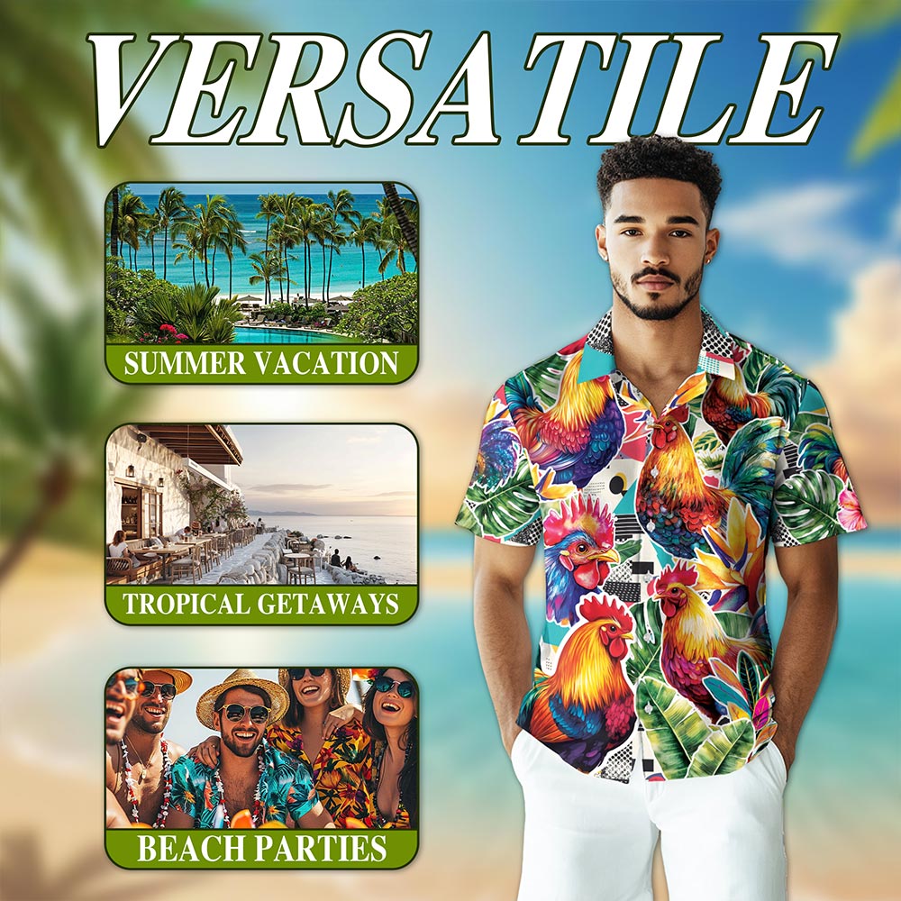 Netecom Chicken Hawaiian Shirt for Men, Button Down Summer Beach Short Sleeve, S-5XL