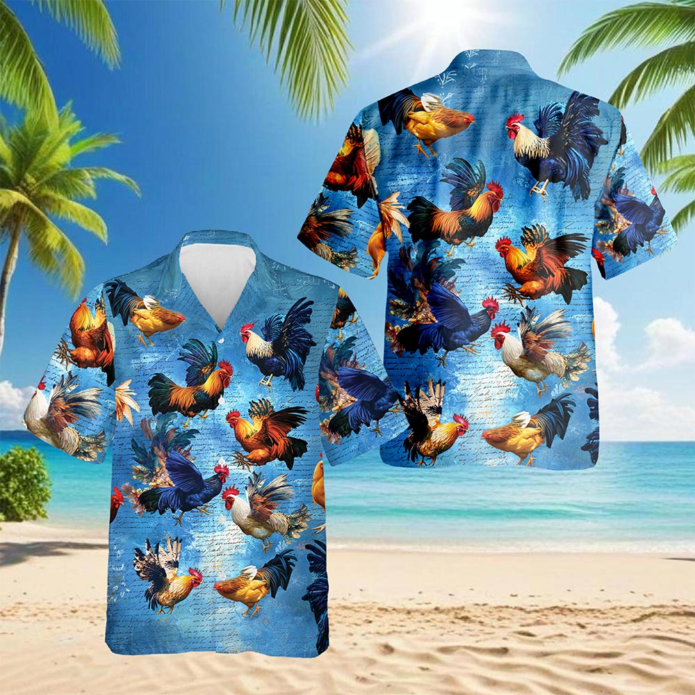 Netecom Chicken Rooster Fighting Hawaiian Shirt for Men, Button Down Summer Beach Short Sleeve, Tropical Style, S-5XL